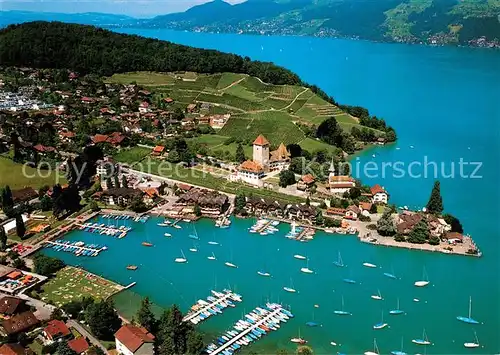 AK / Ansichtskarte Spiez_BE Schloss Thunersee Yachthafen Fliegeraufnahme Spiez_BE