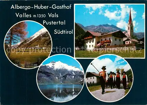 AK / Ansichtskarte Vals_Suedtirol Albergo Huber Gasthof Kirche Trachtengruppe  Vals Suedtirol