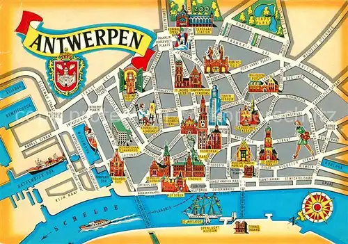 AK / Ansichtskarte Antwerpen_Anvers Zentrum Stadtplan mit Sehenswuerdigkeiten Antwerpen Anvers