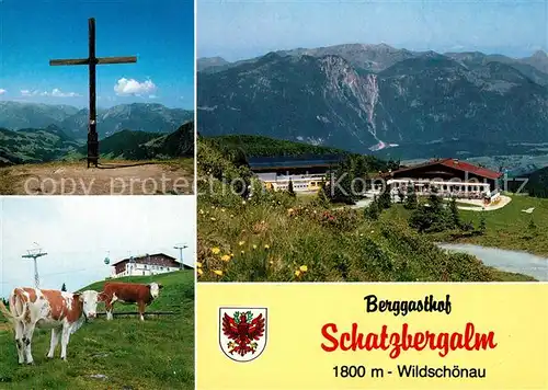 AK / Ansichtskarte Thierbach_Wildschoenau Berggasthof Schatzbergalm Almvieh Kuehe Gipfelkreuz Alpenpanorama Thierbach Wildschoenau