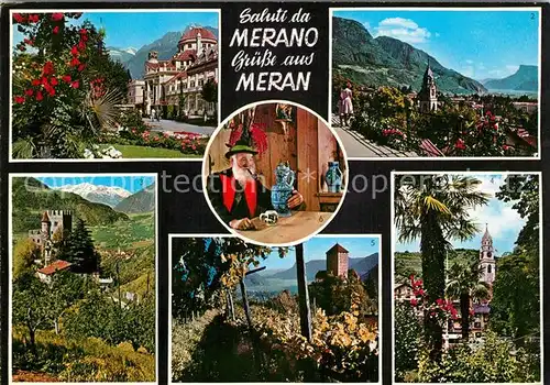 AK / Ansichtskarte Merano_Suedtirol Kurpromenade Kurhaus Tappeinerweg Schloss Brunnenburg Vinschgau Schloss Tirol Suedtiroler Bauer Merano Suedtirol