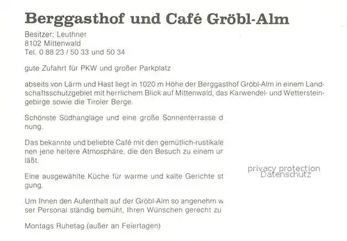 AK / Ansichtskarte Mittenwald_Bayern Berggasthof Cafe Groebl Alm Alpen Mittenwald Bayern