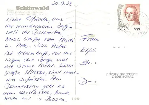 AK / Ansichtskarte Welschnofen Pension Schoenwald Gastraum Terrasse Welschnofen