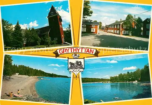 AK / Ansichtskarte Grythyttan_Schweden Kirche Ortsmotiv Badestrand Grythyttan Schweden