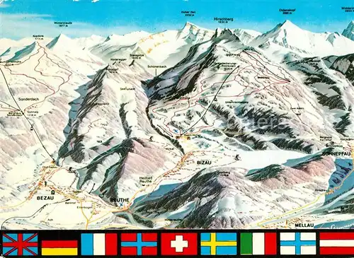 AK / Ansichtskarte Bizau Skiparadies Hirschberg uebersichtskarte Skigebiet Nationalflaggen Bizau