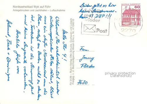 AK / Ansichtskarte Wyk_Foehr Fliegeraufnahme Anlegebruecken Jachthafen  Foehr