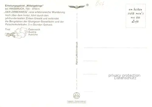 AK / Ansichtskarte Innsbruck Sonnenterrasse mit Zirbenweg Fliegeraufnahme Innsbruck