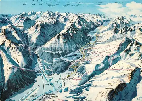 AK / Ansichtskarte Samedan uebersichtskarte Skigebiet Oberengadin Alpenpanorama aus der Vogelperspektive Samedan