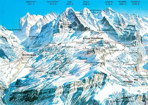 AK / Ansichtskarte Kleine_Scheidegg_Interlaken uebersichtskarte Skigebiet Jungfraugebiet Berner Alpen aus der Vogelperspektive Kleine_Scheidegg