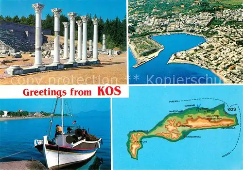 AK / Ansichtskarte Kos_Cos Hafen Insel Fliegeraufnahme Landkarte Antike Staette Fischkutter Kos_Cos