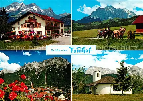 AK / Ansichtskarte Mittenwald_Bayern Hotel Restaurant Tonihof Terrassencafe Kapelle Pferdewagen Alpenpanorama Huber Karte Nr 6013 Mittenwald Bayern