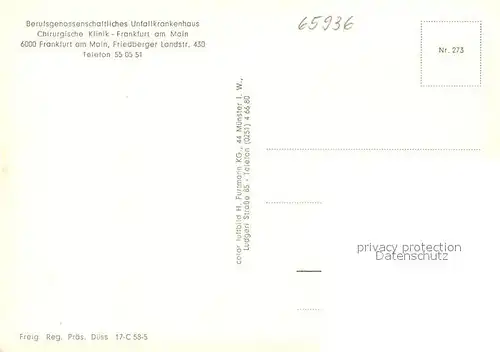 AK / Ansichtskarte Frankfurt_Main Fliegeraufnahme Berufsgenossenschaft Unfallkrankenhaus Chirurgie Frankfurt Main