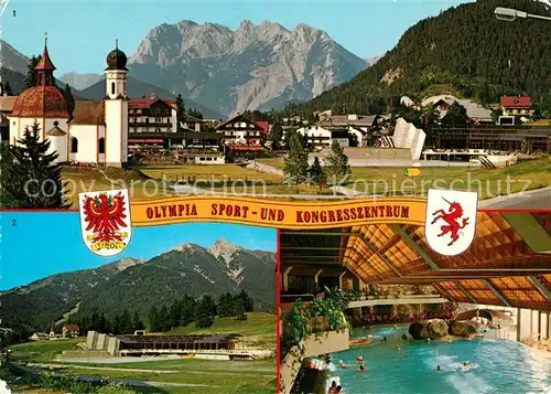 AK / Ansichtskarte Seefeld_Tirol Ortsansicht mit Kirche Blick gegen Karwendelgebirge Reitherspitze Hallenbad Freizeitzentrum Seefeld Tirol