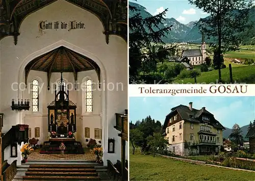 AK / Ansichtskarte Gosau_Oberoesterreich Evangelische Kirche Altarraum Brigittaheim Erholungsheim Ortsansicht mit Kirche Alpen Gosau_Oberoesterreich