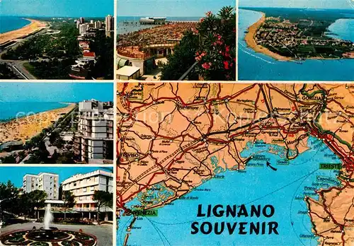 AK / Ansichtskarte Lignano Teilansichten Strand Fliegeraufnahme Landkarte Strassenkarte Lignano