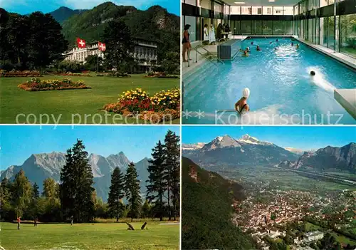 AK / Ansichtskarte Bad_Ragaz Hotel Quellenhof Thermalschwimmbad Golfplatz Falknis Churfirsten Gonzen Alvier Alpenpanorama Bad_Ragaz