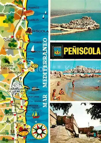AK / Ansichtskarte Peniscola Kuesten Halbinsel Strand Festung Landkarte Peniscola
