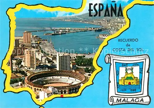 AK / Ansichtskarte Malaga_Andalucia Panorama Hafen Stierkampfarena Fliegeraufnahme Wappen Malaga_Andalucia