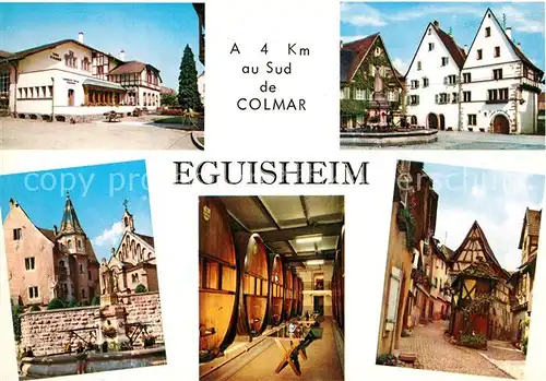 AK / Ansichtskarte Eguisheim_Haut_Rhin Weinkeller Kirche Rathaus Fachwerkhaeuser Eguisheim_Haut_Rhin