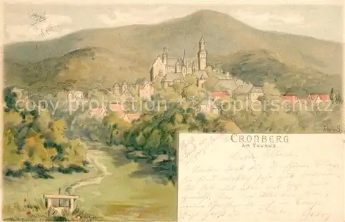 AK / Ansichtskarte Cronberg_Taunus Ortsansicht mit Schloss Kuenstlerkarte Cronberg Taunus