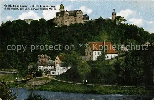 AK / Ansichtskarte Rochsburg Teilansicht mit Schloss Haengebruecke ueber Zwickauer Mulde Rochsburg