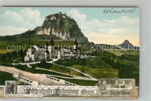 AK / Ansichtskarte Singen_Hohentwiel Blick zur Festung von der Stadt aus Festspielhalle Kuenstlerkarte Singen Hohentwiel