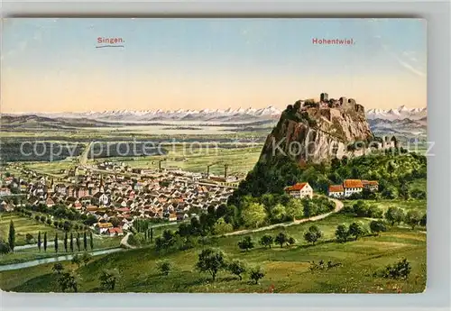 AK / Ansichtskarte Singen_Hohentwiel Panorama Festung Bodensee Alpenkette Kuenstlerkarte Singen Hohentwiel