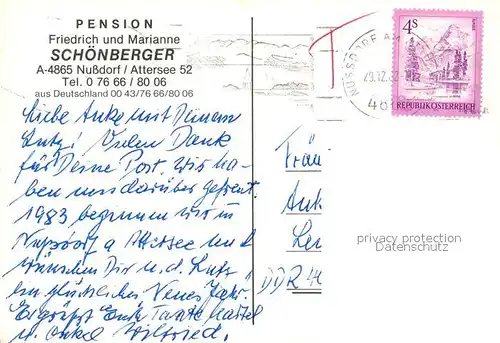 AK / Ansichtskarte Nussdorf_Attersee Pension Schoenberger Nussdorf Attersee