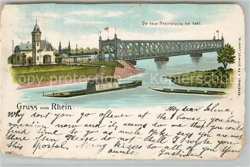 AK / Ansichtskarte Kehl_Rhein Neue Rheinbruecke Litho Kehl_Rhein