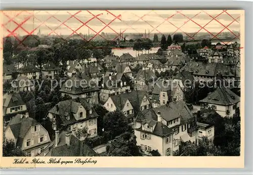 AK / Ansichtskarte Kehl_Rhein Stadtpanorama Blick gegen Strassburg Zensur Stempel Kehl_Rhein