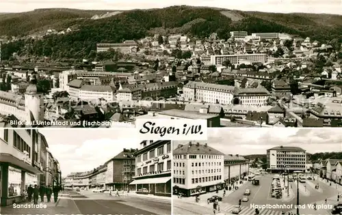 AK / Ansichtskarte Siegen_Westfalen Stadtpanorama Unterstadt Fischbacherberg Sandstrasse Hauptbahnhof Vorplatz Siegen_Westfalen