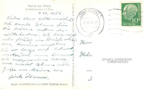 AK / Ansichtskarte Mainz_Rhein Fischtorbrunnen mit Dom Mainz Rhein