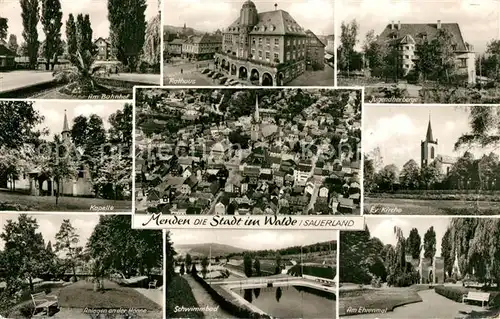 AK / Ansichtskarte Menden_Sauerland Bahnhof Rathaus Jugendherberge Kapelle Kirche Schwimmbad Ehrenmal Menden_Sauerland