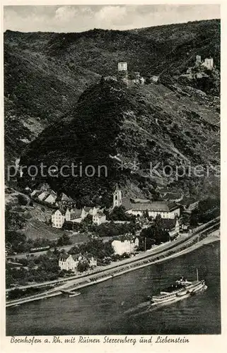 AK / Ansichtskarte Bornhofen_Kamp mit Ruinen Sterrenberg und Liebenstein Rhein Dampfer Fliegeraufnahme Bornhofen Kamp