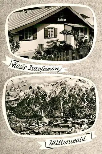 AK / Ansichtskarte Mittenwald_Bayern Haus Isarfrieden Gesamtansicht mit Alpenpanorama Mittenwald Bayern
