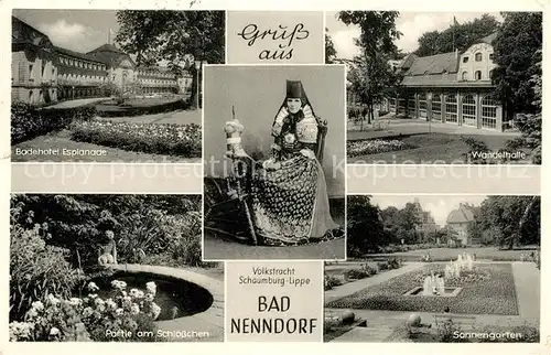 AK / Ansichtskarte Bad_Nenndorf Badehotel Esplanade Partie am Schloesschen Trachten Spinnrad Wandelhalle Sonnengarten Bad_Nenndorf