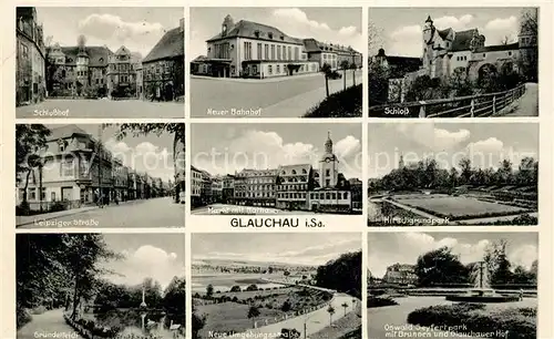 AK / Ansichtskarte Glauchau Schlosshof Neuer Bahnhof Schloss Hirschgrundpark Gruendelteich Glauchau