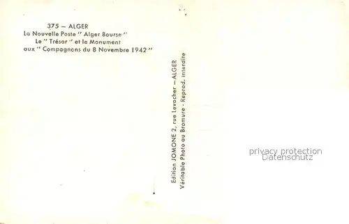 AK / Ansichtskarte Alger_Algerien La Nouvelle Poste Alger Bourse Monument Compagnons 8 Novembre 1942 Alger Algerien