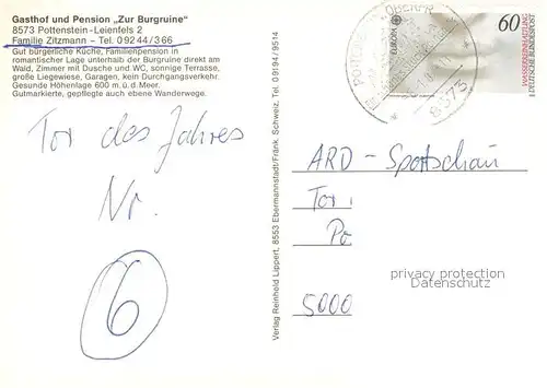 AK / Ansichtskarte Pottenstein_Oberfranken Gasthaus Pension Zur Burgruine Pottenstein_Oberfranken