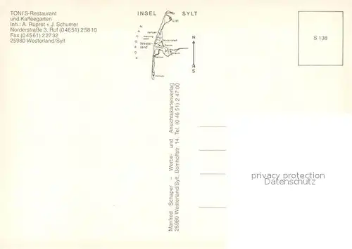 AK / Ansichtskarte Westerland_Sylt Tonis Restaurant und Gaestehaus Westerland_Sylt