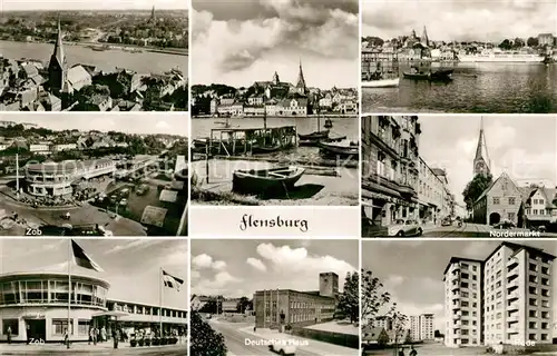 AK / Ansichtskarte Flensburg Stadtpanorama Omnibusbahnhof Deutsches Haus Anleger Nordermarkt Rude Siedlung Hochhaeuser Flensburg
