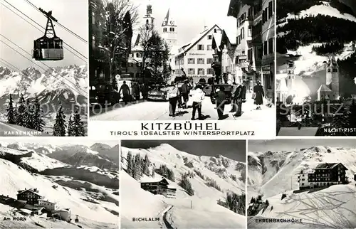 AK / Ansichtskarte Kitzbuehel_Tirol Ortspartie Kirche Hahnenkamm Bergbahn Berghotel Ehrenbachhoehe Bichlalm Alpenpanorama Kitzbuehel Tirol