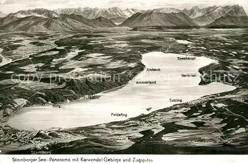 AK / Ansichtskarte Starnbergersee Panorama mit Karwendelgebirge und Zugspitze aus der Vogelperspektive Starnbergersee