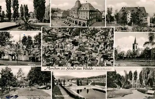 AK / Ansichtskarte Menden_Sauerland Bahnhof Rathaus Jugendherberge Kapelle Fliegeraufnahme Ev Kirche Hoenneanlagen Schwimmbad Ehrenmal Menden_Sauerland