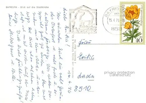 AK / Ansichtskarte Bayreuth Stadtkirche Bayreuth