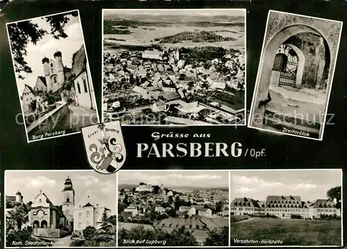 AK / Ansichtskarte Parsberg_Oberpfalz Burg Parsberg Fliegeraufnahme Dreitorblick Kath Stadtpfarrkirche Lupburg Versehrten Heilstaette Parsberg Oberpfalz