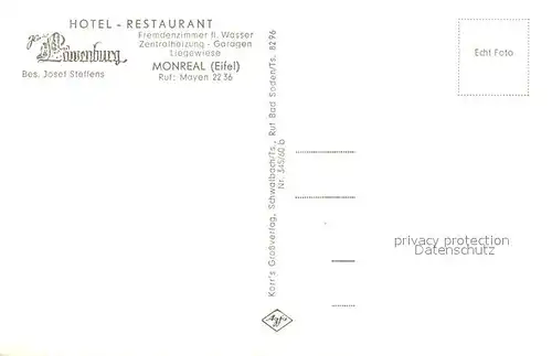 AK / Ansichtskarte Monreal_Eifel Hotel Restaurant Loewenburg Fachwerkhaus Burgruine Monreal Eifel
