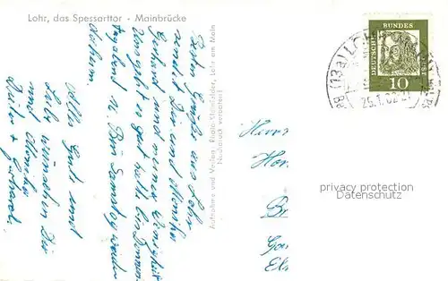AK / Ansichtskarte Lohr_Main Mainbruecke Blick zur Stadt mit Kirche Lohr_Main