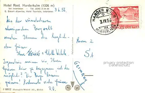 AK / Ansichtskarte Interlaken_BE Hotel Restaurant Harderkulm mit Jungfraugruppe Berner Alpen Interlaken_BE
