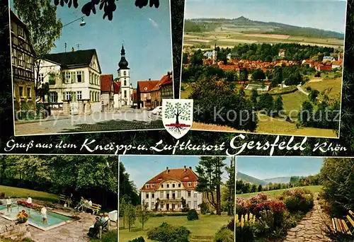 AK / Ansichtskarte Gersfeld_Rhoen Kneippbecken Kirche Park Kurhaus Panorama Gersfeld Rhoen